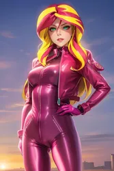 Size: 1024x1536 | Tagged: suggestive, derpibooru import, editor:sammykun, machine learning generated, sunset shimmer, human, ai content, big breasts, breasts, busty sunset shimmer, clothes, female, gloves, gradient background, humanized, image, jacket, jumpsuit, long hair, long sleeves, looking at you, magenta, open clothes, open jacket, png, pose, prompter:sammykun, skintight clothes, smiling, smiling at you, solo, tight clothing, zipper