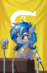 Size: 2232x3450 | Tagged: safe, artist:qwq233, derpibooru import, oc, oc:cork, pony, unicorn, equestria at war mod, clothes, cute, egyptian, female, image, jewelry, jpeg, long mane, mare, microphone, solo, solo female, speaker, speech, talking