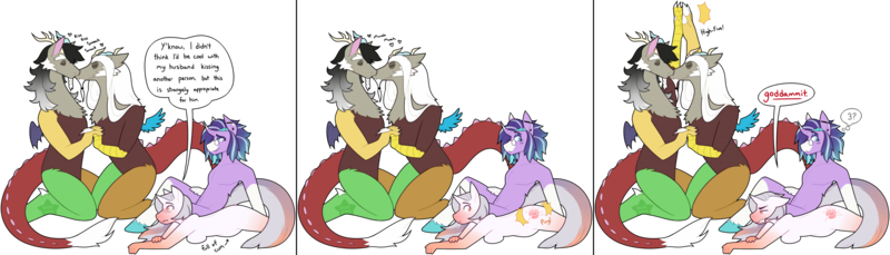 Size: 3587x1027 | Tagged: suggestive, artist:shortbred, derpibooru import, discord, oc, oc:stell, oc:taffeta, g5, spoiler:g5comic, 3 panel comic, bisexual, breasts, canon x oc, comic, cutie mark, dialogue, discocord, distaff, gay, goddamn, goddamnit, group sex, holding hands, image, kissing, male, nudity, old man discord, png, self paradox, self ponidox, selfcest, sex, shipping, simple background, threesome, transparent background