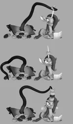 Size: 1920x3240 | Tagged: safe, artist:pika-robo, derpibooru import, fhtng th§ ¿nsp§kbl, oleander (tfh), them's fightin' herds, 3 panel comic, 3d, book, comic, community related, donut, food, grayscale, image, monochrome, png, source filmmaker