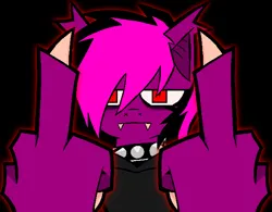Size: 1282x1000 | Tagged: safe, artist:xxv4mp_g4z3rxx, derpibooru import, oc, oc:violet valium, bat pony, pony, clothes, collar, eyeshadow, fangs, hand, hoodie, image, makeup, meme, middle finger, png, red eyes, solo, spiked collar, two toned mane, vulgar