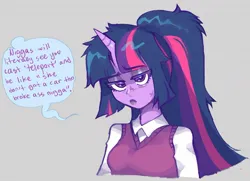 Size: 1128x815 | Tagged: safe, artist:drizzlingprince, derpibooru import, twilight sparkle, unicorn, equestria girls, bust, clothes, female, gray background, image, jpeg, lidded eyes, nigga, simple background, solo, talking, unicorn twilight, vulgar