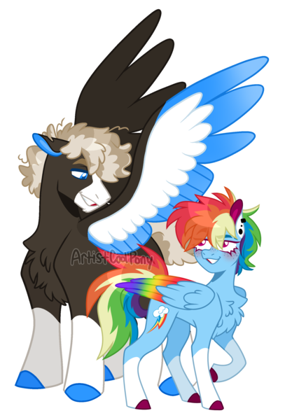 Size: 1776x2617 | Tagged: safe, artist:artistcoolpony, derpibooru import, dumbbell, rainbow dash, pegasus, pony, alternate design, blushing, chest fluff, coat markings, colored hooves, colored wings, dumbdash, duo, female, image, larger male, male, mare, multicolored wings, png, rainbow wings, shipping, simple background, size difference, smaller female, socks (coat marking), stallion, straight, transparent background, wings