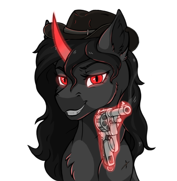 Size: 858x878 | Tagged: safe, artist:monolith_skyline, derpibooru import, bright eyes, oc, oc:shade starlight, unicorn, g1, evil, gun, hat, hunt showdown, image, magic, png, simple background, smiling, transparent background, weapon