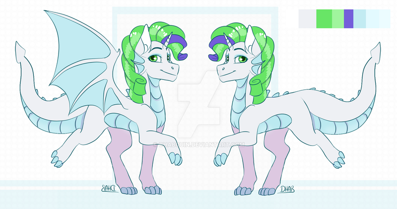 Size: 1232x649 | Tagged: safe, artist:dhabquin, derpibooru import, oc, unofficial characters only, dracony, dragon, hybrid, pony, unicorn, claws, color palette, deviantart watermark, dragon wings, image, interspecies offspring, looking at you, obtrusive watermark, offspring, parent:rarity, parent:spike, parents:sparity, png, simple background, smiling, smiling at you, solo, spread wings, watermark, white background, wings