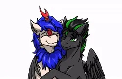 Size: 686x446 | Tagged: safe, artist:monolith_skyline, derpibooru import, oc, oc:monolithskyline, oc:ryuko po, kirin, pegasus, eyes closed, hug, image, jpeg, kirin oc, looking at each other, looking at someone, pegasus oc, simple background, smiling, smiling at each other, spread wings, winghug, wings