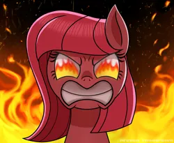 Size: 2134x1750 | Tagged: safe, artist:muhammad yunus, derpibooru import, oc, oc:annisa trihapsari, unofficial characters only, earth pony, pony, angry, earth pony oc, female, fire, flaming eyes, furious, gritted teeth, image, mare, png, rage, solo, teeth, watermark