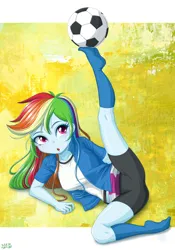 Size: 840x1200 | Tagged: safe, artist:uotapo, derpibooru import, rainbow dash, human, equestria girls, clothes, female, football, image, jpeg, long hair, open mouth, socks, solo, spats, sports, sultry pose