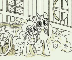 Size: 1080x902 | Tagged: safe, artist:jack107401, derpibooru import, pinkie pie, twilight sparkle, twilight sparkle (alicorn), alicorn, carriage, flower, image, jpeg, just the two of us, looking at camera, looking at you, meme, pointing at you, simple background, smiling, smiling at you, white background, window