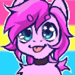 Size: 1344x1350 | Tagged: safe, artist:nokiabat, derpibooru import, oc, oc:violet ray, earth pony, :p, chibi, choker, commission, cute, earth pony oc, front view, image, jpeg, pansexual pride flag, pixel art, pride, pride flag, tongue out, your character here