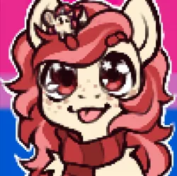 Size: 1362x1357 | Tagged: safe, artist:nokiabat, derpibooru import, oc, oc:rat palette, oc:red palette, unicorn, :p, bisexual pride flag, chibi, clothes, commission, curly hair, cute, front view, horn, image, jpeg, pet, pixel art, pride, pride flag, scarf, tongue out, unicorn oc, ych result