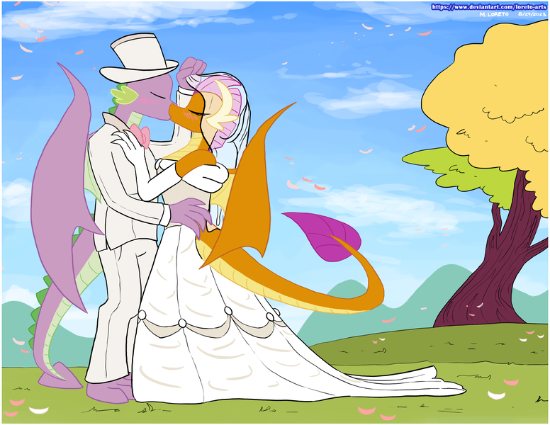 Size: 3300x2550 | Tagged: safe, artist:loreto-arts, derpibooru import, smolder, spike, anthro, dragon, clothes, dress, female, hat, image, kissing, male, older, png, shipping, spolder, straight, top hat, tuxedo, wedding dress, winged spike, wings