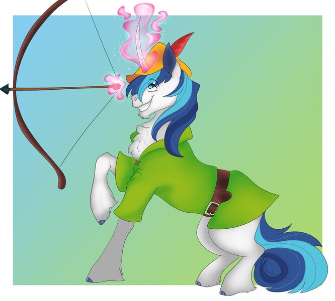 Size: 4096x3690 | Tagged: safe, artist:inisealga, derpibooru import, shining armor, pony, unicorn, arrow, belt, bow (weapon), chest fluff, colored hooves, commission, crossover, gradient background, hat, image, jpeg, magic, magic aura, male, robin hood, solo, stallion, tunic, unshorn fetlocks