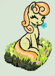 Size: 250x342 | Tagged: safe, artist:maretian, ponerpics import, junebug, earth pony, pony, ^^, eyes closed, female, flower, grass, grass field, image, mare, mouth hold, png, sitting, smiling, solo
