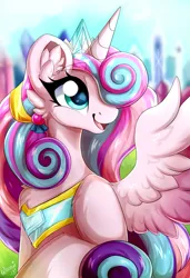 Size: 1859x2711 | Tagged: safe, artist:woonborg, derpibooru import, princess flurry heart, alicorn, pony, chest fluff, crystal empire, ear fluff, female, future, gameloft, image, jewelry, mare, older, older flurry heart, open mouth, png, regalia, solo, spread wings, wings