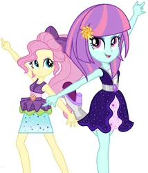 Size: 910x1062 | Tagged: safe, artist:sarahalen, derpibooru import, fluttershy, sunny flare, dance magic, equestria girls, spoiler:eqg specials, alternate universe, base used, clothes swap, duo, duo female, female, image, png, role reversal, simple background, white background