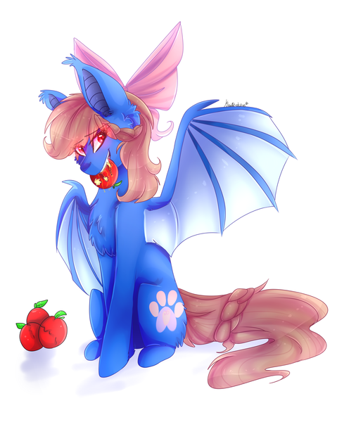 Size: 2555x3200 | Tagged: safe, artist:krissstudios, derpibooru import, oc, oc:midnight luna, unofficial characters only, bat pony, pony, apple, bat ponified, bow, female, food, hair bow, image, mare, png, race swap, simple background, solo, white background