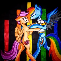 Size: 640x640 | Tagged: artist needed, source needed, safe, derpibooru import, rainbow dash, scootaloo, fanfic:rainbow factory, amputee, artificial wings, augmented, clothes, duo, fanfic art, floppy ears, holding each other, image, jpeg, lab coat, liquid rainbow, looking at each other, looking at someone, prosthetic limb, prosthetic wing, prosthetics, spectra, standing on two hooves, torn ear, traditional art, wings