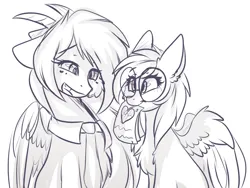 Size: 1400x1050 | Tagged: safe, artist:krissstudios, derpibooru import, oc, oc:ayaka, oc:sally lovely, unofficial characters only, pegasus, pony, female, glasses, horns, image, mare, monochrome, necktie, open mouth, png, simple background, white background