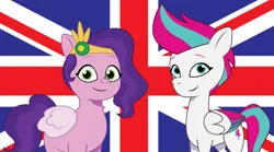 Size: 3485x1936 | Tagged: safe, artist:edy_january, artist:prixy05, derpibooru import, pipp petals, zipp storm, pegasus, pony, g5, my little pony: tell your tale, british, british flag, duo, duo female, england, england flag, female, flag, image, png, royal sisters (g5), siblings, simple background, sisters, union jack, united kingdom, vector used, wallpaper