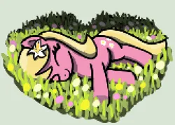 Size: 330x236 | Tagged: safe, artist:maretian, ponerpics import, lily, lily valley, earth pony, pony, cute, female, flower, grass, grass field, heart, hnnng, image, lying down, lying on the ground, mare, png, sleeping, smiling, solo