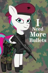 Size: 683x1020 | Tagged: safe, artist:edy_january, artist:prixy05, derpibooru import, zipp storm, pegasus, pony, g5, my little pony: tell your tale, armor, assault rifle, barrette, body armor, call of duty, camouflage, clothes, desert eagle, gun, handgun, hat, i need more bullets, image, jpeg, meme, military, military pony, military uniform, pistol, poster, rifle, soldier, soldier pony, solo, steyr aug, tactical pony, uniform, vector used, vest, weapon, youtube, youtube link
