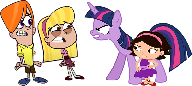 Size: 1047x468 | Tagged: safe, artist:cloudy glow, derpibooru import, edit, editor:incredibubbleirishguy, vector edit, twilight sparkle, twilight sparkle (alicorn), alicorn, angry, barely pony related, body swap, brown eyes, camp lakebottom, crossover, green eyes, image, jordan buttsquat, june (little einsteins), link in source, little einsteins, png, purple eyes, scared, suzi, swap, vector