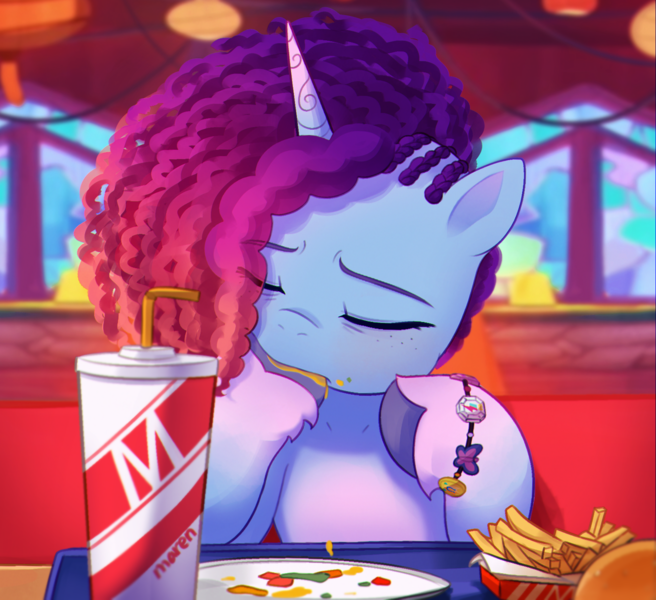 Size: 1570x1436 | Tagged: safe, artist:maren, derpibooru import, pony, unicorn, g5, blurry background, bracelet, burger, cornrows, crystal tea room, cute, depth of field, drink, eating, eye clipping through hair, eyebrows, eyebrows visible through hair, eyes closed, female, food, freckles, french fries, friendship bracelet, hamburger, hoof in mouth, image, jewelry, mare, messy eating, misty brightdawn, mistybetes, mistysass, png, primal instinct, restaurant, scene interpretation, signature, spider-man: into the spider-verse, unshorn fetlocks, yummy