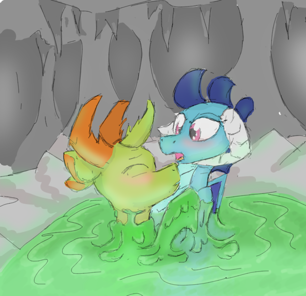 Size: 837x808 | Tagged: suggestive, artist:pzkratzer, derpibooru import, princess ember, thorax, changedling, changeling, dragon, cave, changeling slime, duo, embrax, female, flockmod, hug, image, imminent kissing, king thorax, male, png, shipping, sketch, slime, slime bath, speedpaint, straight, submerged