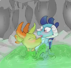 Size: 837x808 | Tagged: suggestive, artist:pzkratzer, derpibooru import, princess ember, thorax, changedling, changeling, dragon, cave, changeling slime, duo, embrax, female, flockmod, hug, image, imminent kissing, king thorax, male, png, shipping, sketch, slime, slime bath, speedpaint, straight, submerged