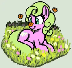 Size: 306x290 | Tagged: safe, artist:maretian, ponerpics import, daisy, flower wishes, butterfly, earth pony, insect, pony, cross-eyed, female, flower, grass, grass field, image, lying on the ground, mare, png, smiling, solo