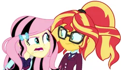 Size: 976x568 | Tagged: safe, artist:sarahalen, derpibooru import, fluttershy, sunset shimmer, equestria girls, friendship games, alternate universe, clothes, clothes swap, crystal prep academy uniform, duo, duo female, female, glasses, image, png, role reversal, school uniform, simple background, white background