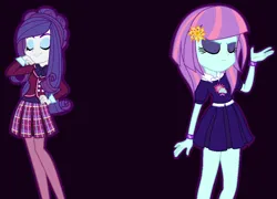 Size: 1004x722 | Tagged: safe, artist:sarahalen, derpibooru import, rarity, sunny flare, equestria girls, friendship games, alternate universe, base used, black background, clothes, costume, duo, duo female, eyes closed, female, image, png, role reversal, shadowbolts costume, simple background, uniform, wonderbolts uniform