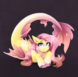 Size: 1928x1911 | Tagged: safe, artist:buvanybu, derpibooru import, fluttershy, merpony, pegasus, pony, seapony (g4), black background, blue eyes, blushing, chest fluff, cute, digital art, dorsal fin, ethereal mane, eyelashes, female, fin, fin wings, fins, fish tail, flowing tail, g4, high res, image, looking at you, lying down, mare, pink mane, pink tail, png, seaponified, seapony fluttershy, simple background, smiling, smiling at you, solo, sparkles, species swap, starry mane, starry tail, stars, tail, unshorn fetlocks, wings