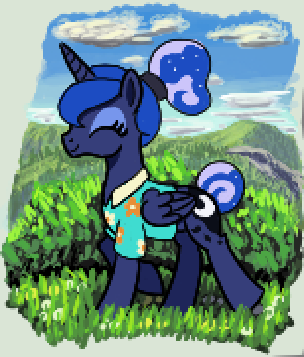 Size: 304x357 | Tagged: safe, artist:maretian, ponerpics import, princess luna, alicorn, pony, clothes, cloud, female, grass, grass field, hair bun, hawaiian shirt, image, mare, mountain, mountain range, png, shirt, side view, sky, smiling, solo, tail bun, walking