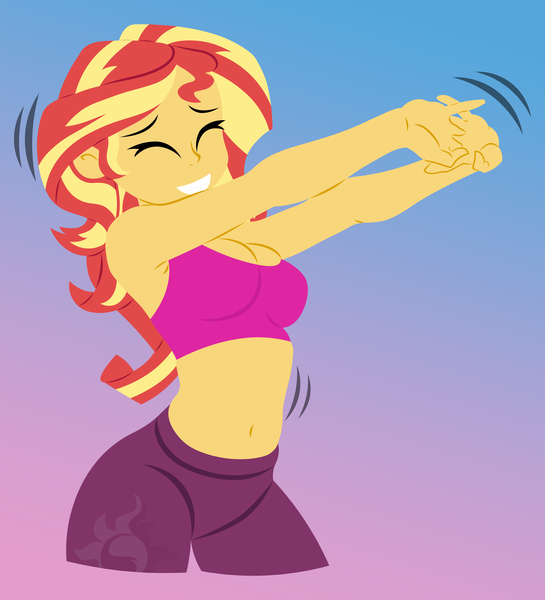 Size: 5615x6181 | Tagged: safe, artist:egor418, derpibooru import, sunset shimmer, human, equestria girls, equestria girls series, wake up!, spoiler:eqg series (season 2), absurd resolution, breasts, clothes, cutie mark, cutie mark on clothes, eyes closed, female, gradient background, grin, image, lineless, long hair, pants, png, smiling, solo, sports bra, wake up!: rainbow dash, yoga pants