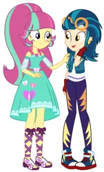 Size: 1452x2408 | Tagged: safe, artist:sarahalen, derpibooru import, indigo zap, sour sweet, equestria girls, alternate universe, clothes swap, duo, duo female, female, image, png, role reversal, simple background, white background