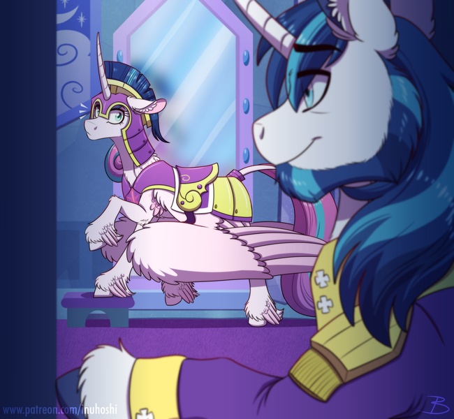 Size: 2165x2000 | Tagged: safe, artist:inuhoshi-to-darkpen, derpibooru import, princess flurry heart, shining armor, alicorn, pony, unicorn, alternate universe, armor, beard, caught, ear fluff, eyebrows, eyebrows visible through hair, facial hair, father and child, father and daughter, female, image, leg fluff, looking at each other, looking at someone, male, mare, mirror, older, older flurry heart, older shining armor, png, royal guard armor, smiling, stallion, unshorn fetlocks