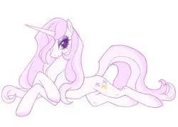 Size: 2517x1802 | Tagged: safe, artist:frowoppy, derpibooru import, fleur-de-lis, pony, unicorn, beautiful, female, g4, image, looking at you, lying down, mare, miss fleur is trying to seduce us, png, prone, simple background, solo, white background