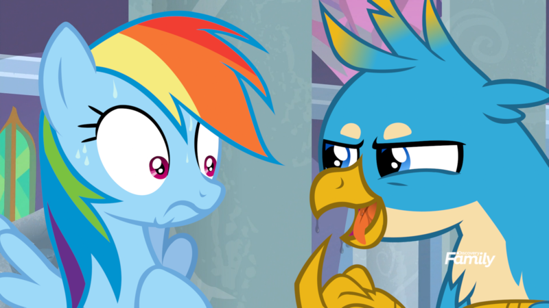 Size: 1920x1080 | Tagged: safe, derpibooru import, edit, edited screencap, screencap, gallus, rainbow dash, gryphon, pegasus, pony, school daze, drool, drool string, duo, duo male and female, female, frown, galluspred, image, implied vore, looking at each other, looking at someone, male, mare, nervous, open mouth, png, predation, sweat, tongue out