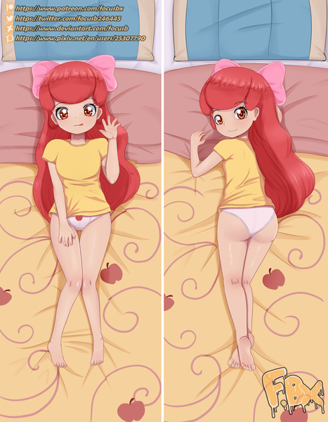 Size: 2480x3189 | Tagged: suggestive, alternate version, artist:focusb, banned from derpibooru, ponerpics import, ponybooru import, apple bloom, human, ass, barefoot, bed, bloom butt, body pillow, body pillow design, butt, child, clothes, dakimakura cover, feet, female, humanized, image, jpeg, lolicon, looking at you, lying down, on back, on bed, panties, pillow, prone, shirt, solo, t-shirt, teasing, tongue out, underage, underwear