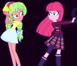 Size: 772x658 | Tagged: safe, artist:sarahalen, derpibooru import, lemon zest, pinkie pie, equestria girls, friendship games, alternate universe, base used, black background, clothes, clothes swap, costume, duo, duo female, female, image, looking at each other, looking at someone, png, role reversal, shadowbolts costume, simple background, uniform, wonderbolts uniform