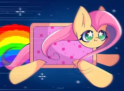 Size: 2700x2000 | Tagged: safe, artist:miryelis, derpibooru import, fluttershy, pegasus, pony, :3, big ears, clothes, costume, cute, flying, image, long hair, nyan cat, png, rainbow, simple background, smiling, solo, starry eyes, wingding eyes