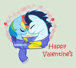 Size: 750x674 | Tagged: safe, artist:shiarathecat, derpibooru import, rainbow dash, soarin', pegasus, pony, clothes, eyes closed, female, holiday, image, jpeg, male, mare, scarf, shared clothing, shared scarf, shipping, soarindash, stallion, straight, valentine's day