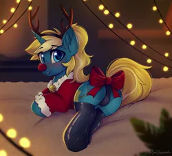 Size: 3504x3190 | Tagged: source needed, suggestive, artist:sonigiraldo, derpibooru import, oc, oc:maple parapet, unofficial characters only, pony, blushing, bow, butt, christmas, clothes, female, holiday, image, jpeg, looking at you, looking back, looking back at you, mare, rudolph nose, socks, tail, tail bow