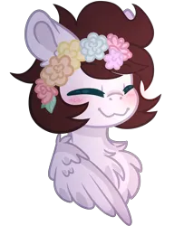 Size: 4216x5189 | Tagged: safe, artist:kittiebases, artist:saverpon3, derpibooru import, oc, oc:markey malarkey, ponified, unofficial characters only, pegasus, pony, :3, base used, blushing, bust, chest fluff, crossover, cute, floral head wreath, flower, image, png, portrait, simple background, solo, the mark side, transparent background