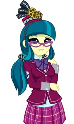 Size: 990x1646 | Tagged: safe, artist:rosemile mulberry, derpibooru import, juniper montage, human, equestria girls, spoiler:eqg specials, bowtie, clothes, clothes swap, crystal prep academy uniform, cute, female, film reel, glasses, image, junibetes, looking at you, pigtails, png, school uniform, simple background, skirt, smiling, smiling at you, solo, twintails, updated design, white background