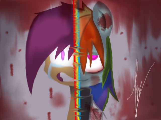 Size: 640x480 | Tagged: semi-grimdark, artist:dj-skulllover, derpibooru import, rainbow dash, scootaloo, fanfic:rainbow factory, 2013, blood, creepypasta, crying, evil grin, fanfic art, grin, image, png, scared, signature, smiling, two sides