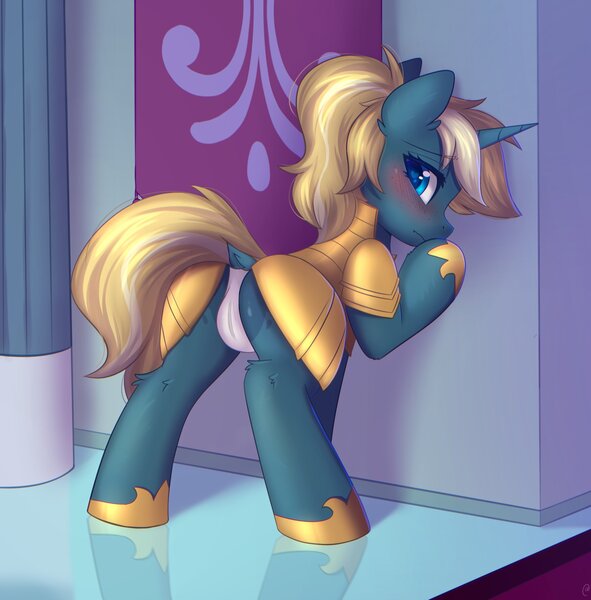 Size: 2016x2048 | Tagged: source needed, questionable, artist:sonigiraldo, derpibooru import, oc, oc:maple parapet, unofficial characters only, pony, unicorn, against wall, butt, cameltoe, clothes, female, guardsmare, heart, heart eyes, horn, image, jpeg, mare, panties, royal guard, solo, solo female, underwear, unicorn oc, wingding eyes