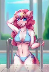 Size: 1527x2242 | Tagged: source needed, suggestive, artist:sonigiraldo, derpibooru import, oc, unofficial characters only, anthro, bikini, blushing, breasts, clothes, female, heart, heart eyes, image, jpeg, looking at you, swimming pool, swimsuit, water, wingding eyes